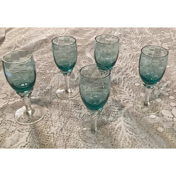 Empoli Italian Teal Blue Twisted Stemware 5 Stem Cordials Glass Set 4.25” - Picture 4 of 9